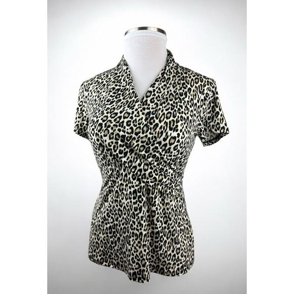NEW Philosophy Faux Wrap Surplice Leopard Print Short Sleeve Stretchy Top Large - Picture 1 of 11